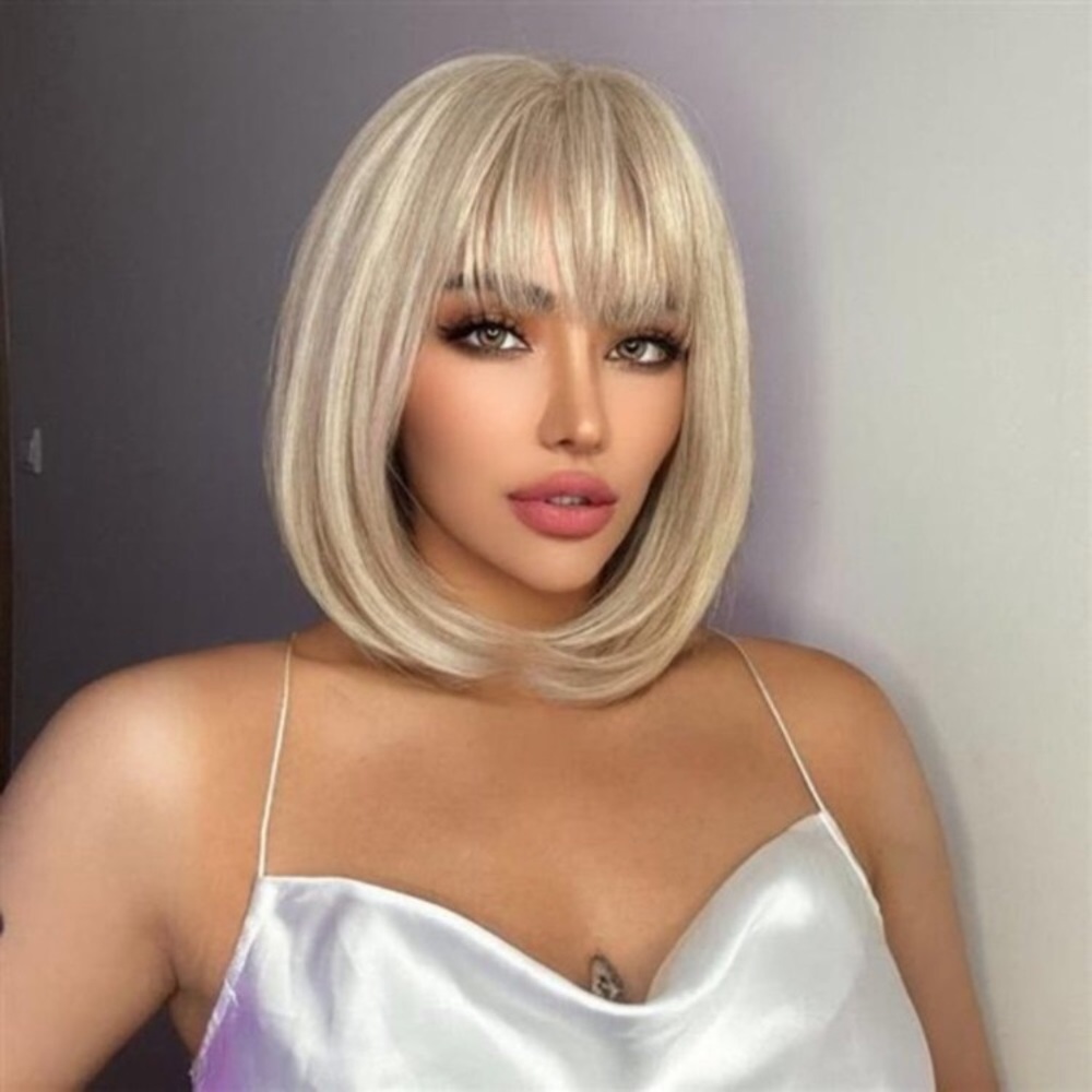 𝅺BLONDE wig with bangs12 inch Platinum Blonde Bob Wig With Bangs